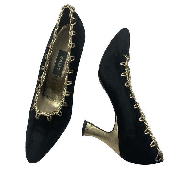 Bally Size 6.5 Suede Leather High Heels Black Gold Slip On Pumps Almond Toe - Picture 1 of 10